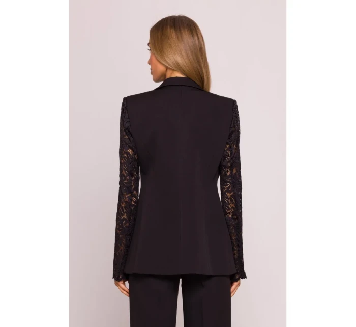 M865 Sako s čipkovanými panelmi a jedným gombíkom - čierne M865 Sako s čipkovanými panelmi a jedným gombíkom - čierne