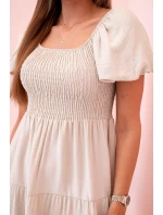 Dámské viskózové šaty s nabíranými rukávy a volánkovým topem béžový