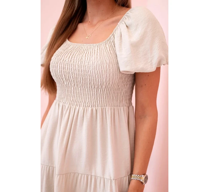 Dámské viskózové šaty s nabíranými rukávy a volánkovým topem béžový