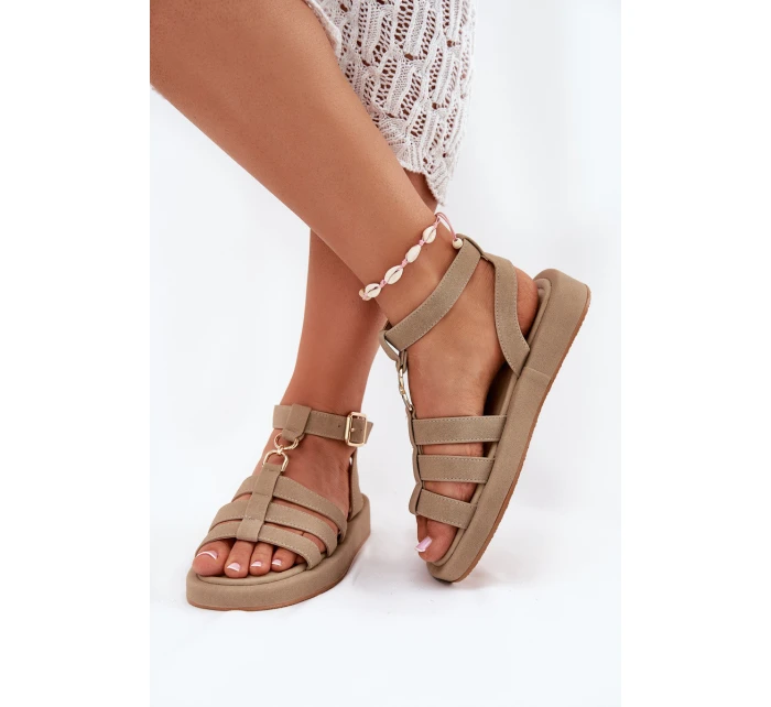 Sandały Damskie Na Platformie Ze Złotym Detalem Khaki Kartia Sandały Damskie Na Platformie Ze Złotym Detalem Khaki Kartia