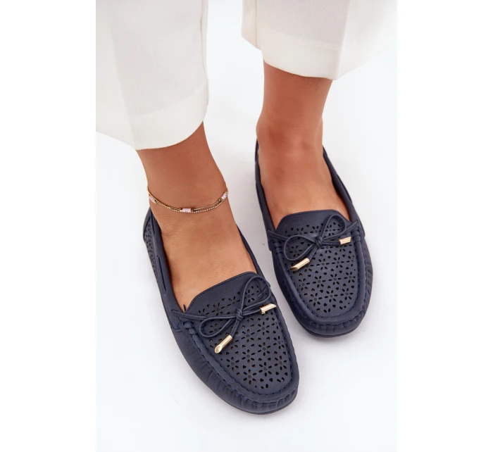 Mokasyny Damskie Z Ażurowym Wzorem I Wiązaniem Granatowe Mirisa