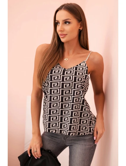 Dámsky top s ramienkami, reťazou a geometrickým vzorom béžová + čierna Dámsky top s ramienkami, reťazou a geometrickým vzorom béžová + čierna