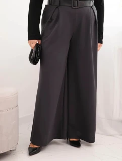 Dámské kalhoty Plus Size s širokou nohavicí a páskem grafitové