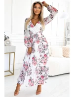 Bílé dámské plisované midi šaty s výstřihem, dlouhými rukávy, páskem a se vzorem růží model 21883690 - numoco basic