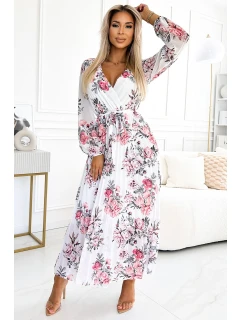Bílé dámské plisované midi šaty s výstřihem, dlouhými rukávy, páskem a se vzorem růží model 21883690 - numoco basic