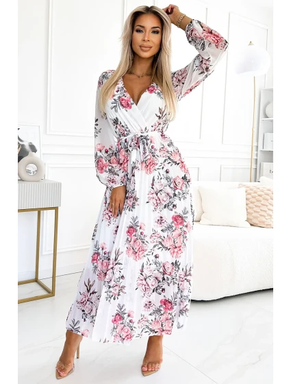 Bílé dámské plisované midi šaty s výstřihem, dlouhými rukávy, páskem a se vzorem růží model 21883690 - numoco basic