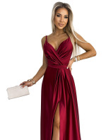 JULIET - Elegantné dlhé dámske saténové šaty vo vínovej farbe s výstrihom a rozparkom na nohách 512-6
