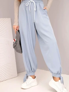 Dámske nohavice so širokými nohavicami a viazaním v spodnej časti džínsovo modré