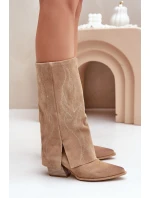 Semišové Kozačky Do  S Svrškem Na Podpatku Béžové model 21680139 - Zazoo