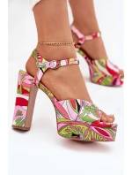 Wzorzyste Sandały Na Słupku I Platformie Różowo-Zielone Slaria Wzorzyste Sandały Na Słupku I Platformie Różowo-Zielone Slaria