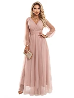 Dlouhé maxi šaty s rukávy a obálkovým výstřihem pudrově růžové model 22046066 - numoco basic