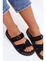 Dámské pantofle s pásky a zlatým přezkou Černé model 21954646 - Boto Dámské pantofle s pásky a zlatým přezkou Černé model 21954646 - Boto