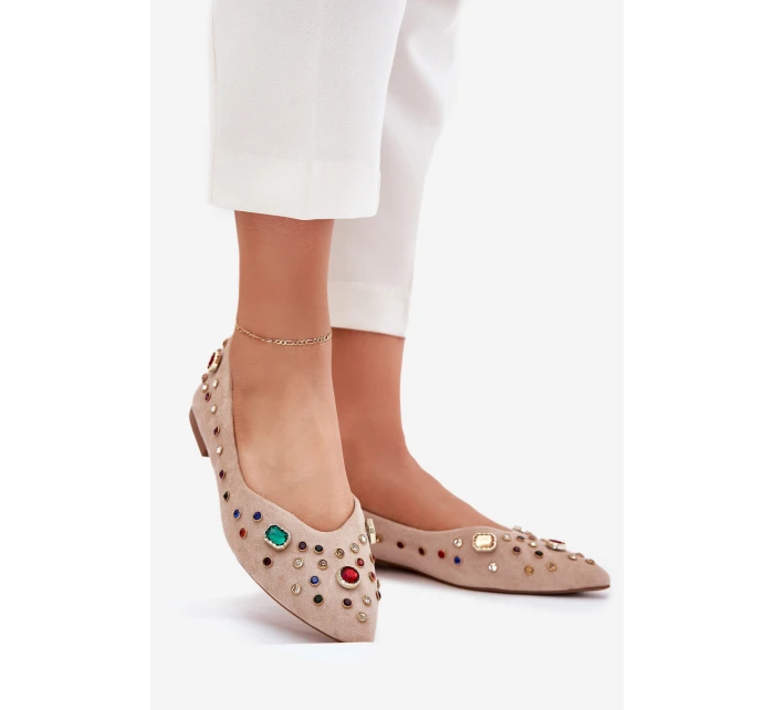 Baleriny Damskie Zdobione Kryształkami Beżowe Valena