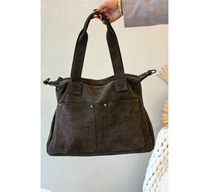 Kožená Semišová Kabelka S Kapsami Hnědá Zephina