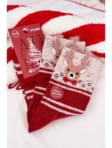 Dámske vianočné ponožky s motívom sobov a pruhmi - červené (alpaková vlna) Dámske vianočné ponožky s motívom sobov a pruhmi - červené (alpaková vlna)