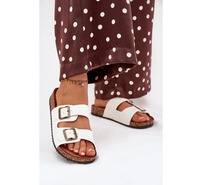 Damskie Klapki Na Korkowej Platformie Z Klamrami Białe Vesina