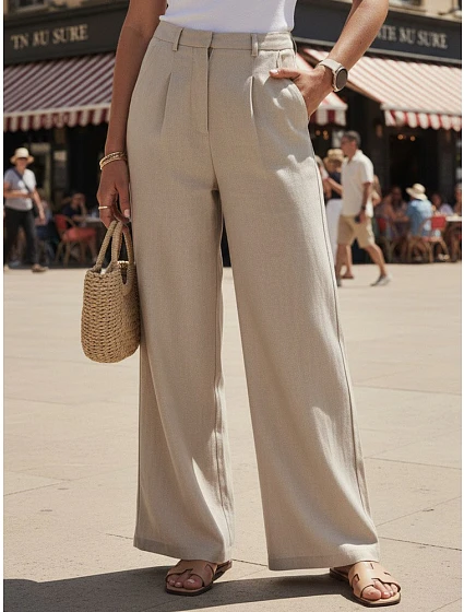 Dámske ľanové nohavice so širokými nohavicami béžovej farby FashionStreet UY3079 Dámske ľanové nohavice so širokými nohavicami béžovej farby FashionStreet UY3079