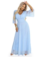 Dlouhé třpytivé plus size šaty s výstřihem a rukávy modré model 21957849 - numoco basic