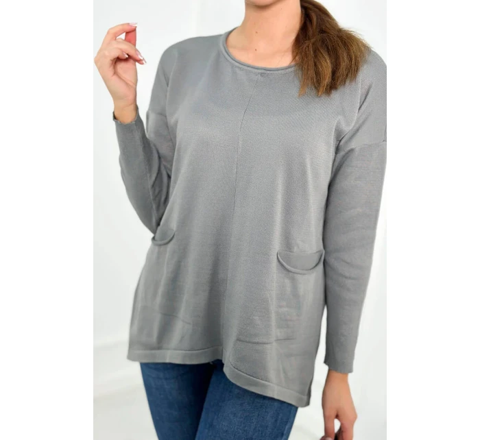 Sveter s prednými vreckami sivý