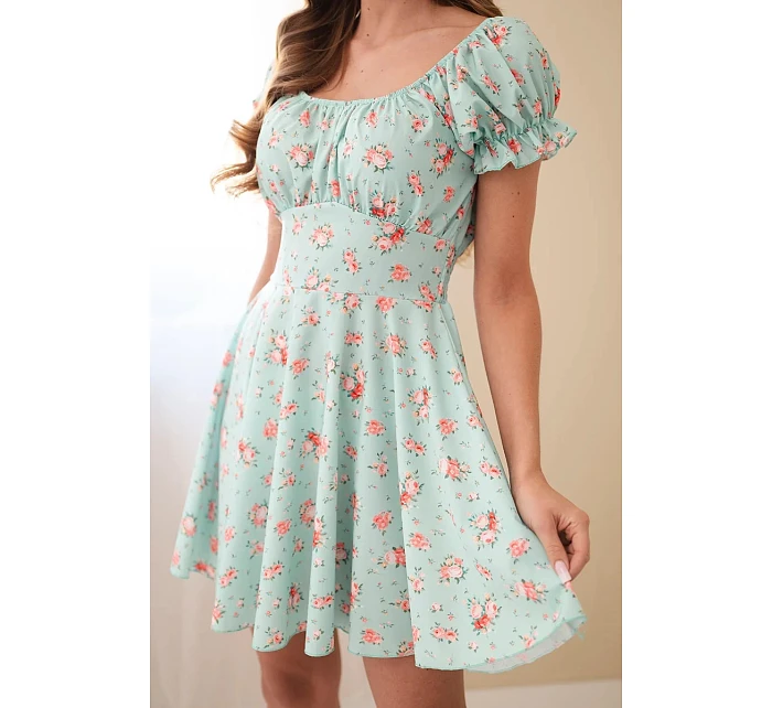 Dámske šaty s kvetinovým vzorom, volánovými rukávmi a elastickým pásom mäta