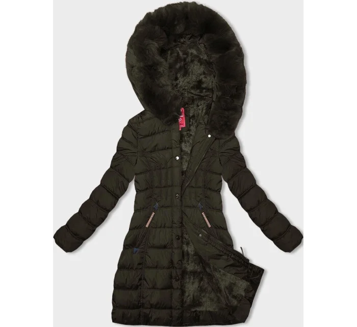 Dámska zimná bunda v khaki farbe s kapucňou (2M-21013)