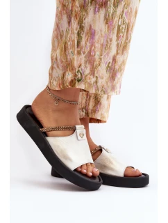 Zazoo 2896 Klapki Damskie Skórzane Biało-Złote