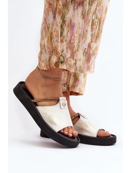 Zazoo 2896 Klapki Damskie Skórzane Biało-Złote