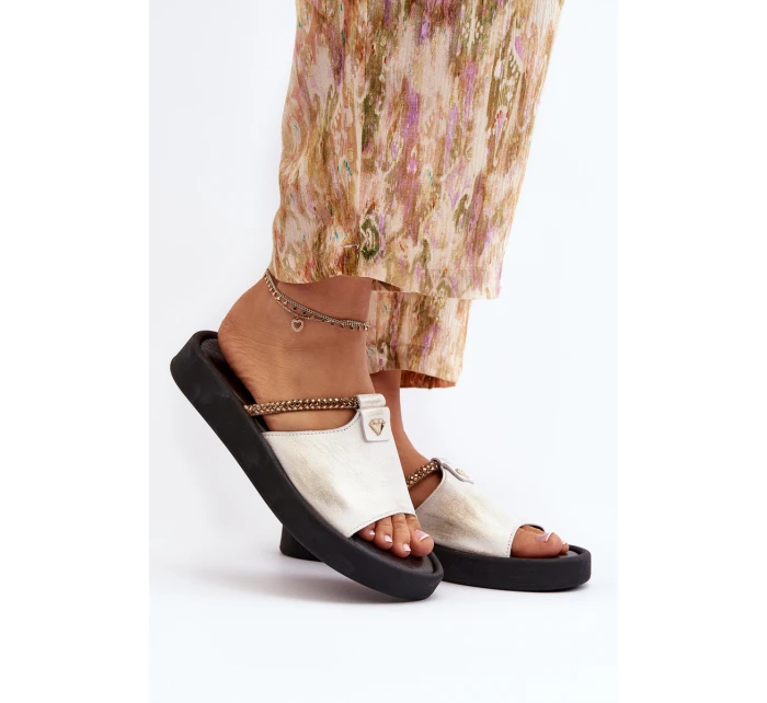 Zazoo 2896 Klapki Damskie Skórzane Biało-Złote