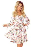 ZOE - Vzdušné dámske šifónové šaty s dekoltom, farebné kvety na svetlom pozadí 305-1
