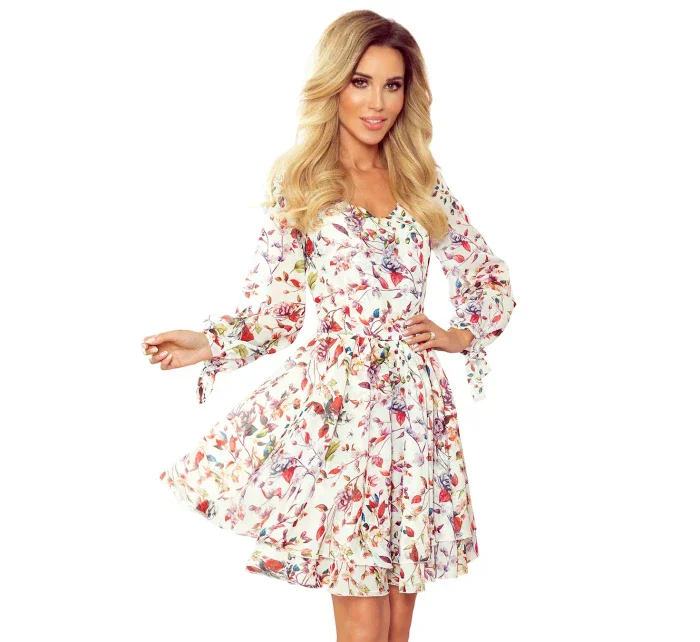 ZOE - Vzdušné dámske šifónové šaty s dekoltom, farebné kvety na svetlom pozadí 305-1