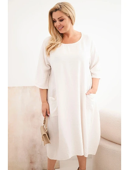 Dámske plus veľkosť viskózové šaty s vreckami a krátkymi rukávmi béžová