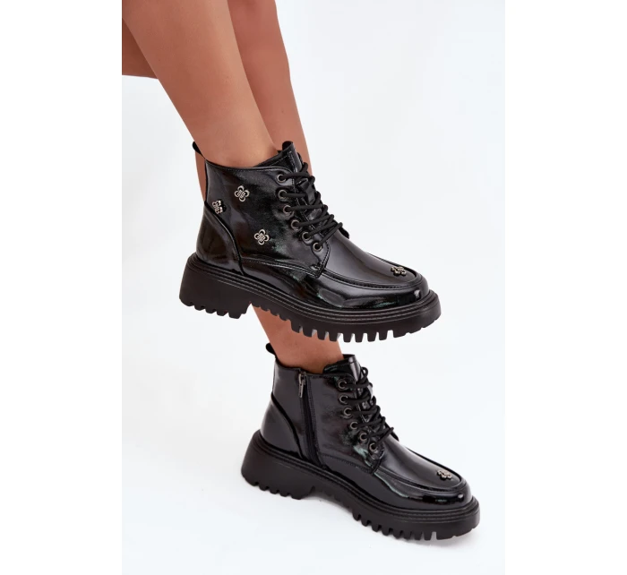 Skórzane Ocieplane Botki Damskie Z Ozdobami Lakierowane Artiker 57C0345 Czarne