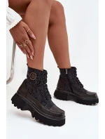 Skórzane Botki Damskie Na Platformie Z Napisami I Ozdobnym Detalem Artiker 57C2273 Czarne