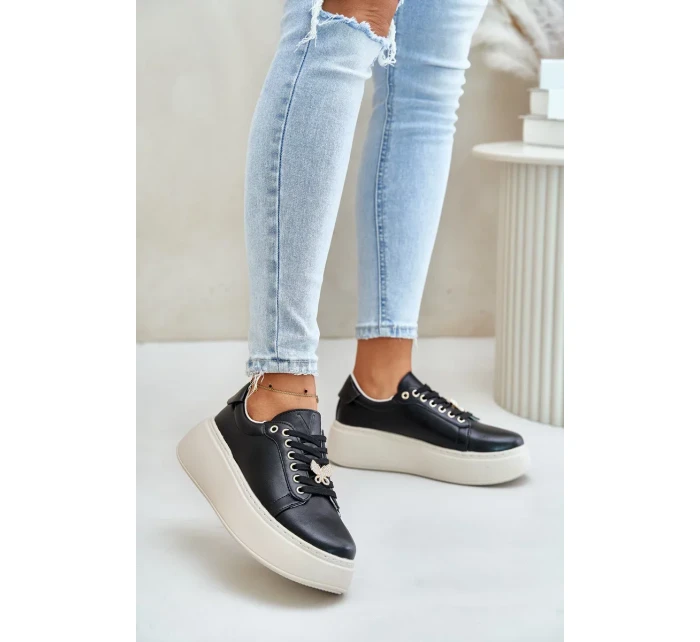 Dámske kožené tenisky na platforme s brošňou Vinceza Black