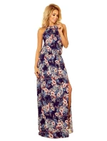 191-2 MAXI šaty so zaväzovaním za krkom a rozparkom - MALVES 191-2 MAXI šaty so zaväzovaním za krkom a rozparkom - MALVES