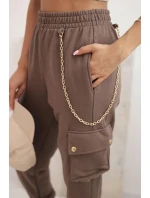 Dámské bavlněné cargo kalhoty s kapsami a řetízkem mocca