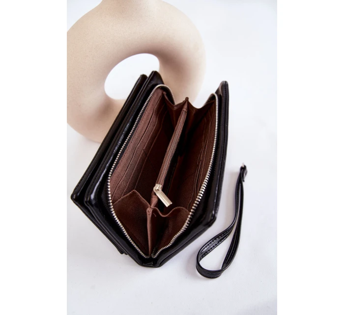 Damski Duży Skórzany Portfel Na Zamek Czarny Shiness