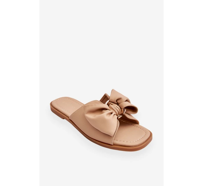 Damskie Skórzane Klapki Z Kokardą Beżowe Becky Damskie Skórzane Klapki Z Kokardą Beżowe Becky
