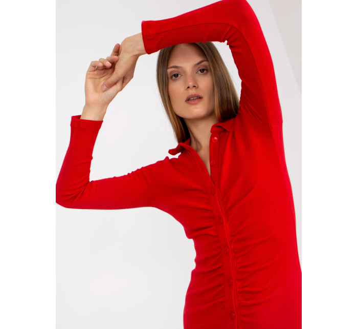 Základné červené rebrované šaty s gombíkmi RUE PARIS