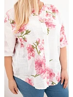 Dámske bavlnené Plus veľkosť V-neck blúzka s kvetinovým vzorom biela