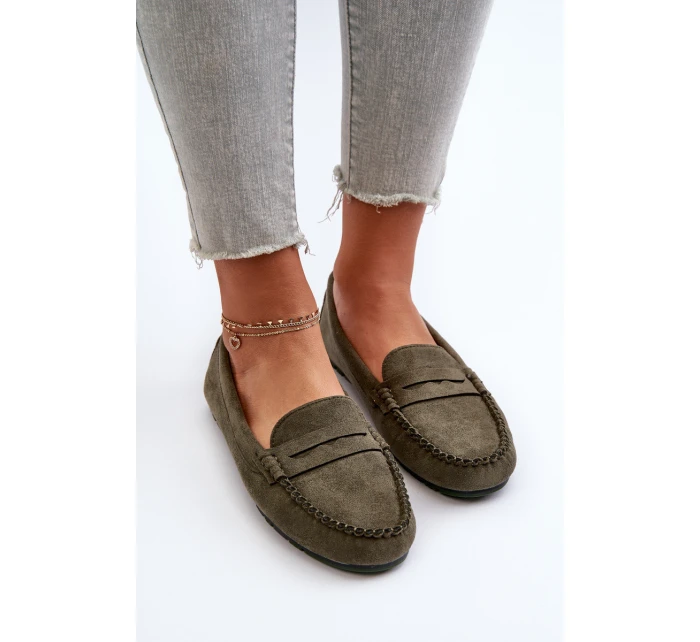 Klasyczne Mokasyny Damskie Zamszowe Ciemnozielone Glimris
