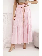 Dámska maxi bavlnená sukňa s čipkovou výšivkou a elastickým pásom candy pink