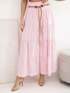 Dámska maxi bavlnená sukňa s čipkovou výšivkou a elastickým pásom candy pink