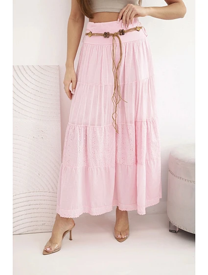 Dámská maxi bavlněná sukně s model 22048771 výšivkou a elastickým pasem cukrově růžová - K-Fashion