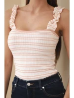 Dámska rebrovaná blúzka na ramienka s volánom púdrovo ružová