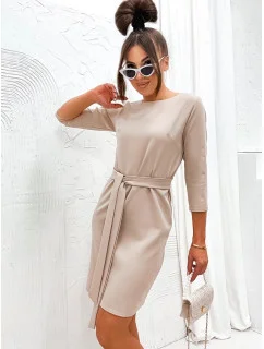 Klasické béžové šaty s páskem pro zavazování model 19764284 - Moon