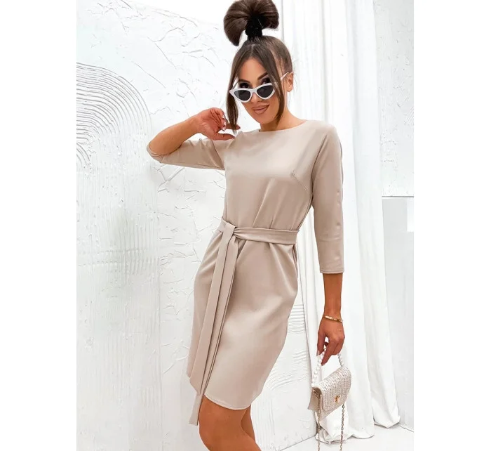 Klasické béžové šaty s opaskom na zaväzovanie (701)
