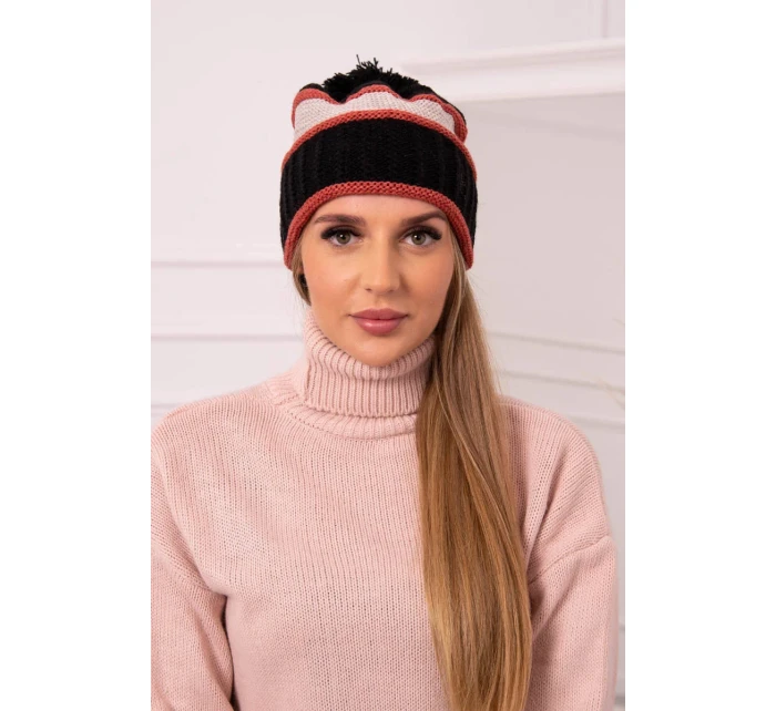 Dámska čiapka Kinga K297 čierna+tmavo ružová+béžová