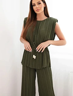 Dámský viskózový komplet s halenkou a širokými kalhotami khaki model 22048843 - K-Fashion