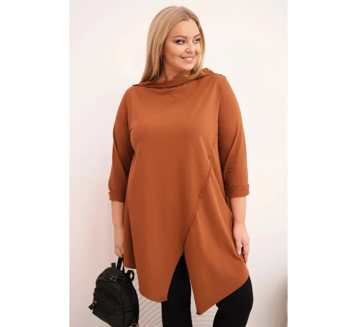 Dámske Plus veľkosť bavlnená blúzka asymetrické rukávy tmavé Camel
